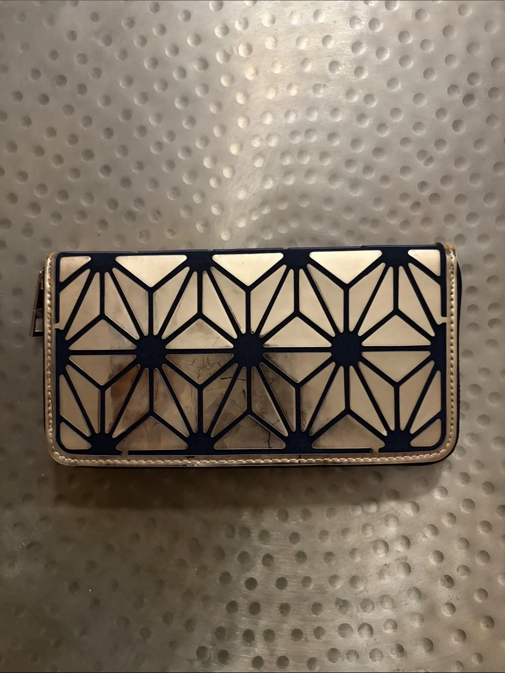 Women's Zip-Around Wallet in Cream and Navy Geometric Pattern